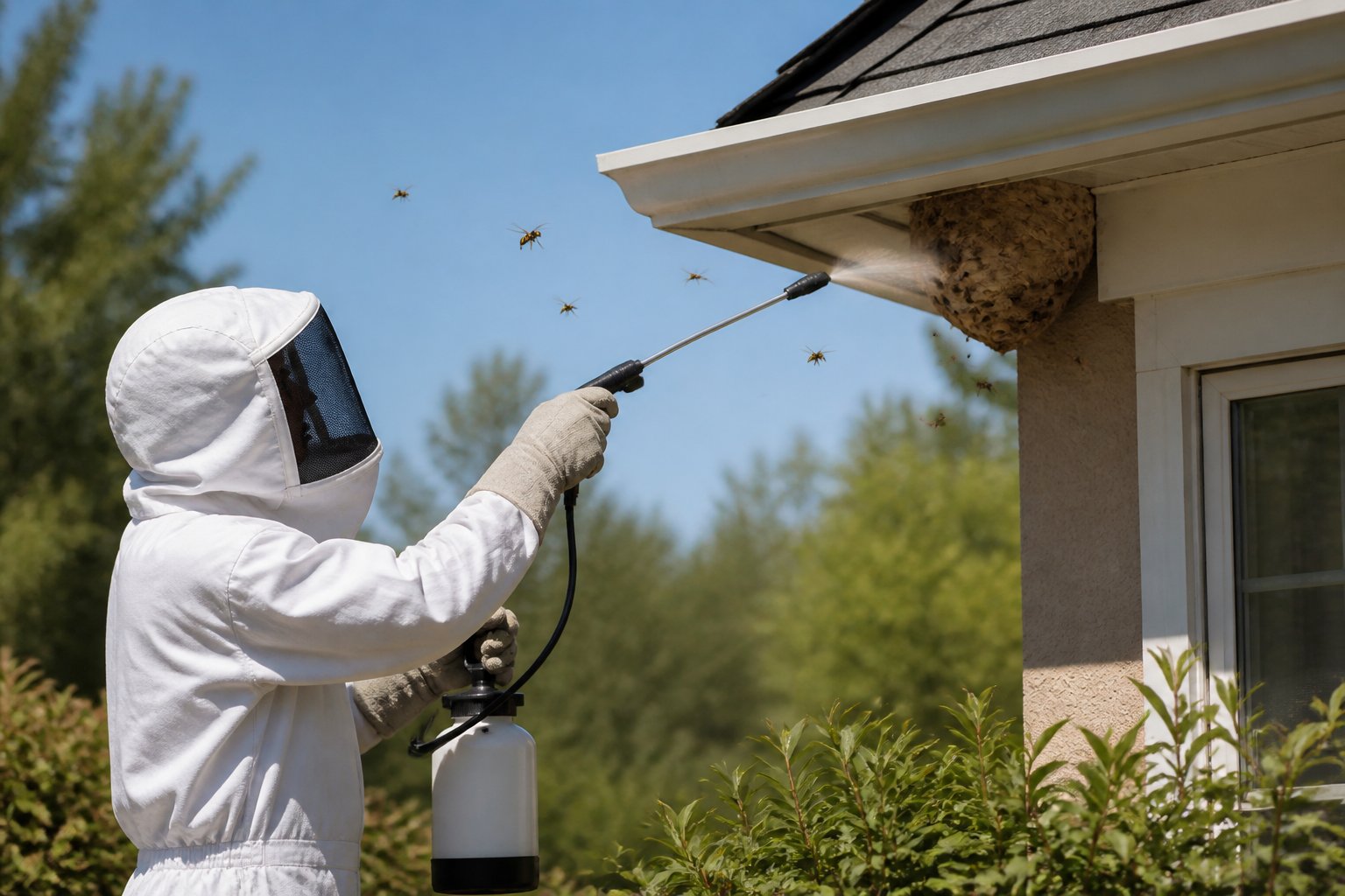 A person in protective clothing spraying a wasp nest on a house roof outdoors during the day.