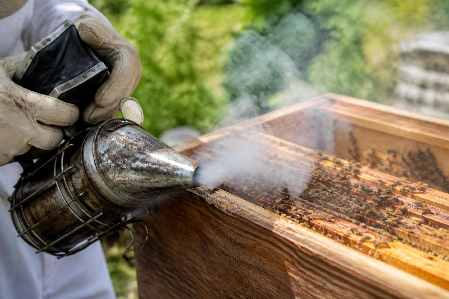 A beekeeper using a smoker to gently blow smoke into a beehive with calm bees on honeycomb frames inside.