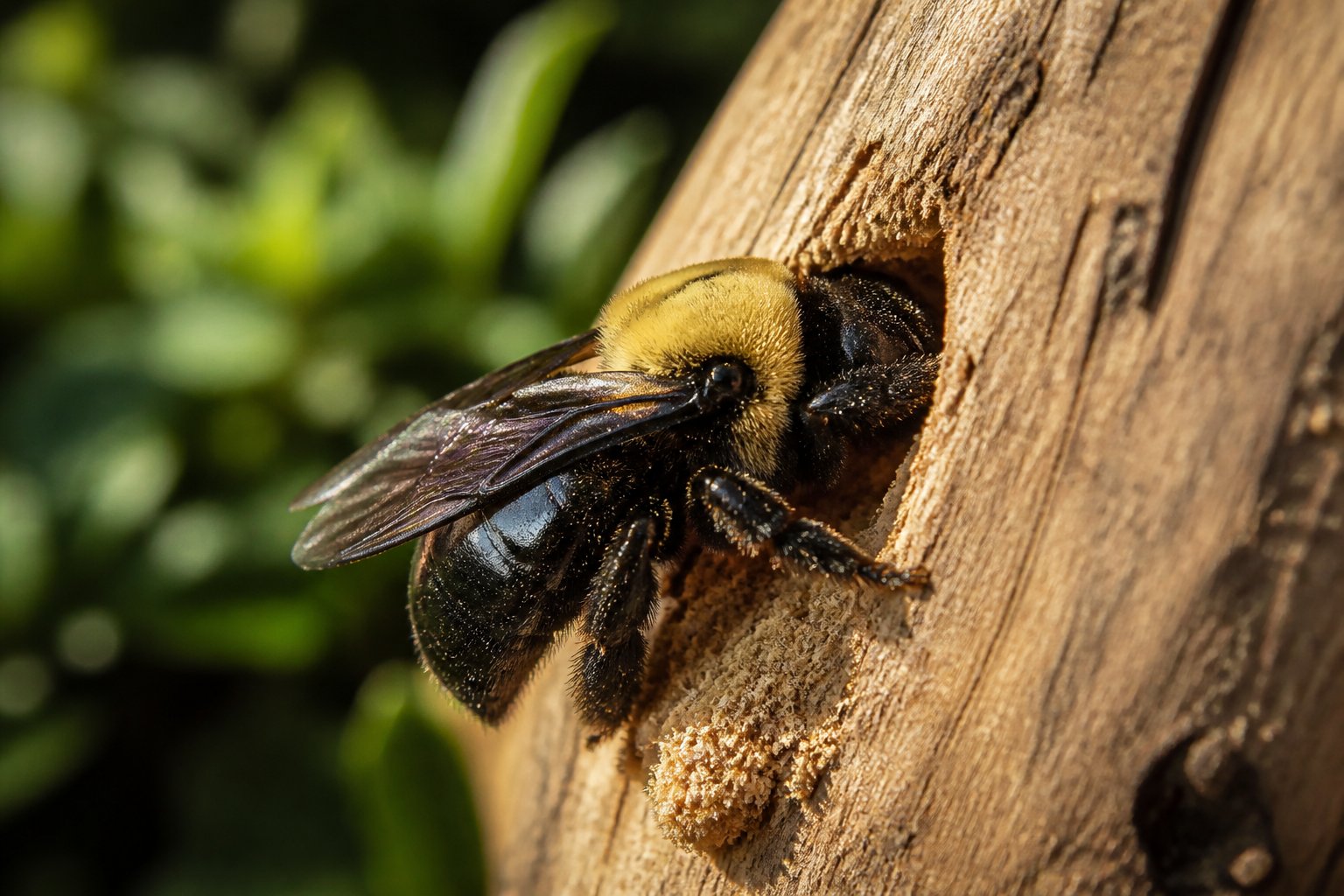 Close-up of a carpenter bee burrowing into wood outdoors with green foliage in the background.
