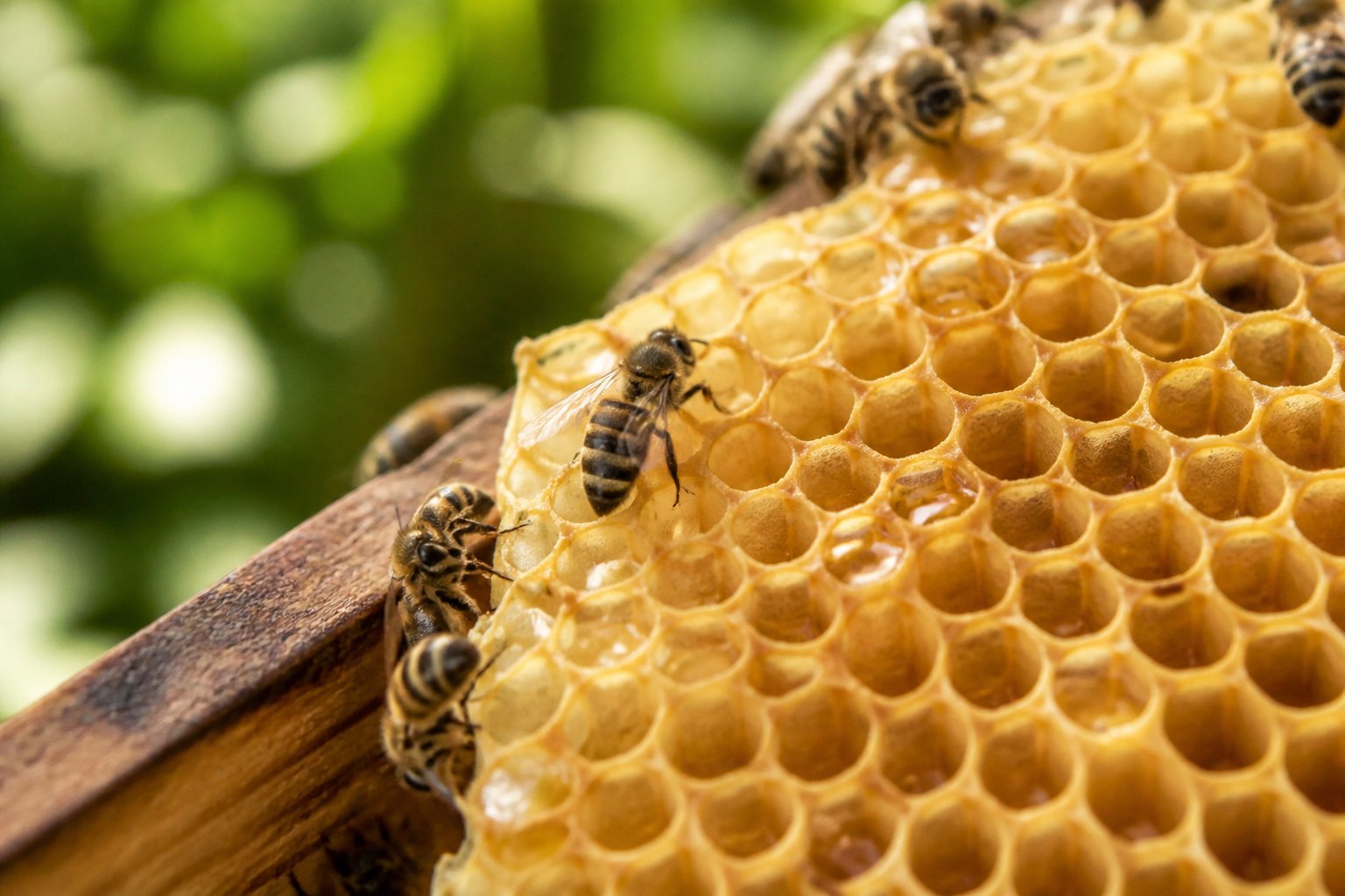 Close-up of honeycomb cells filled with beeswax and bees working on them inside a beehive.