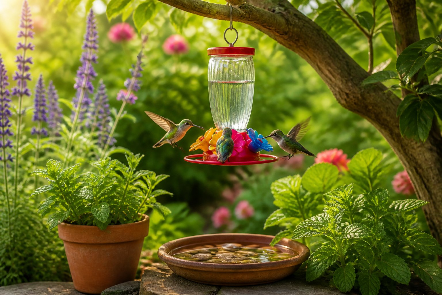 A hummingbird feeder hanging from a tree branch with hummingbirds feeding, surrounded by mint plants and a small water dish, in a lush garden setting.