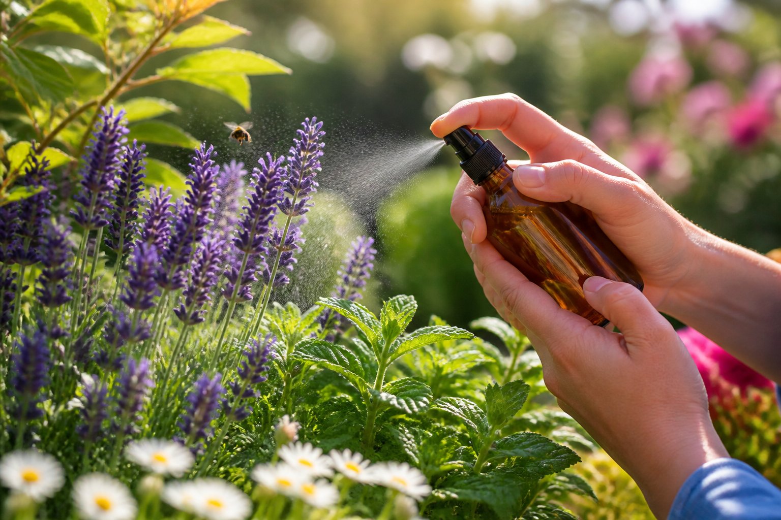 A person spraying natural repellent near flowering plants in a garden to keep bees away.