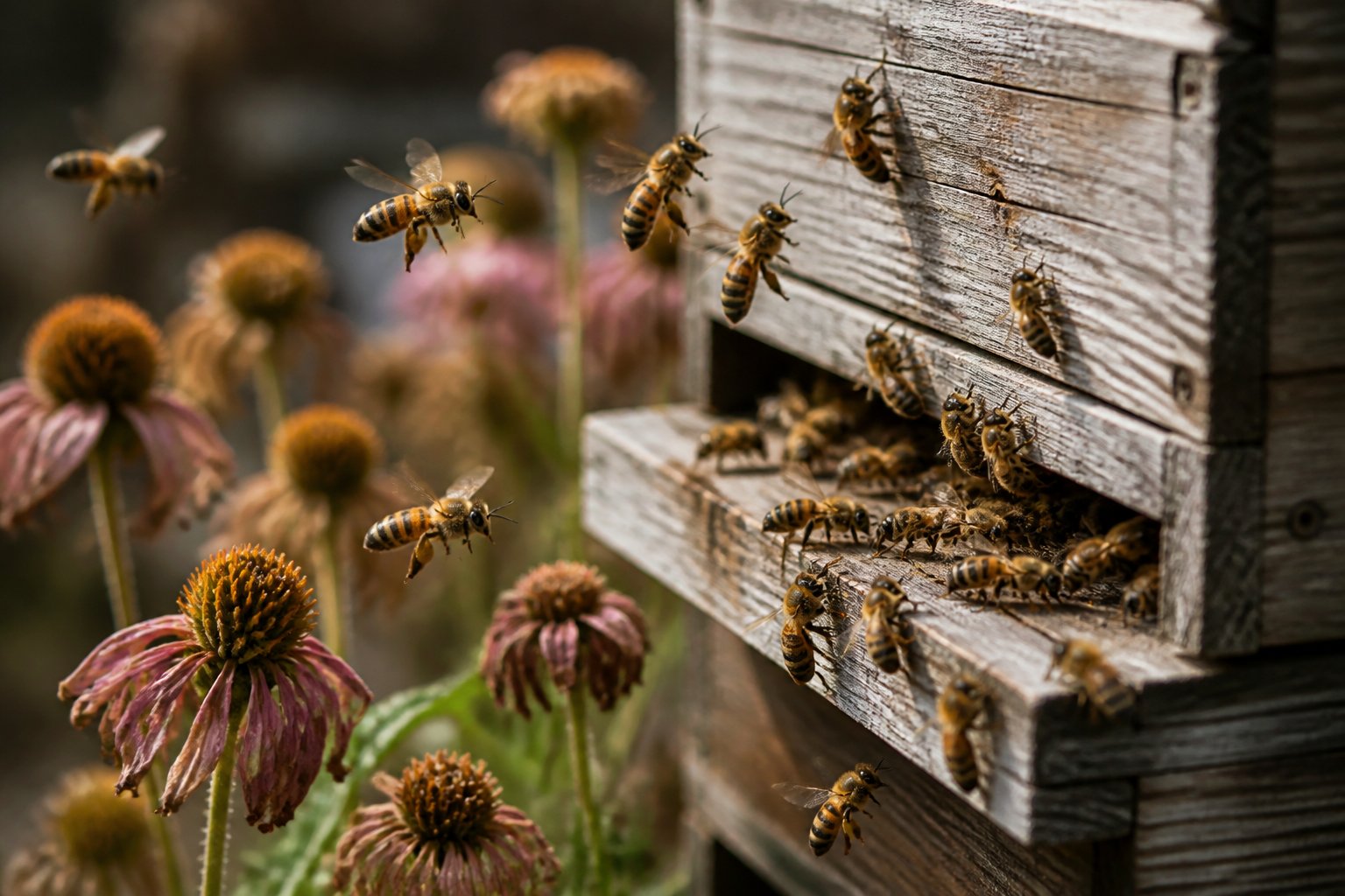 Close-up of a wooden beehive with bees flying around and some flowers nearby, showing signs of stress in the colony.