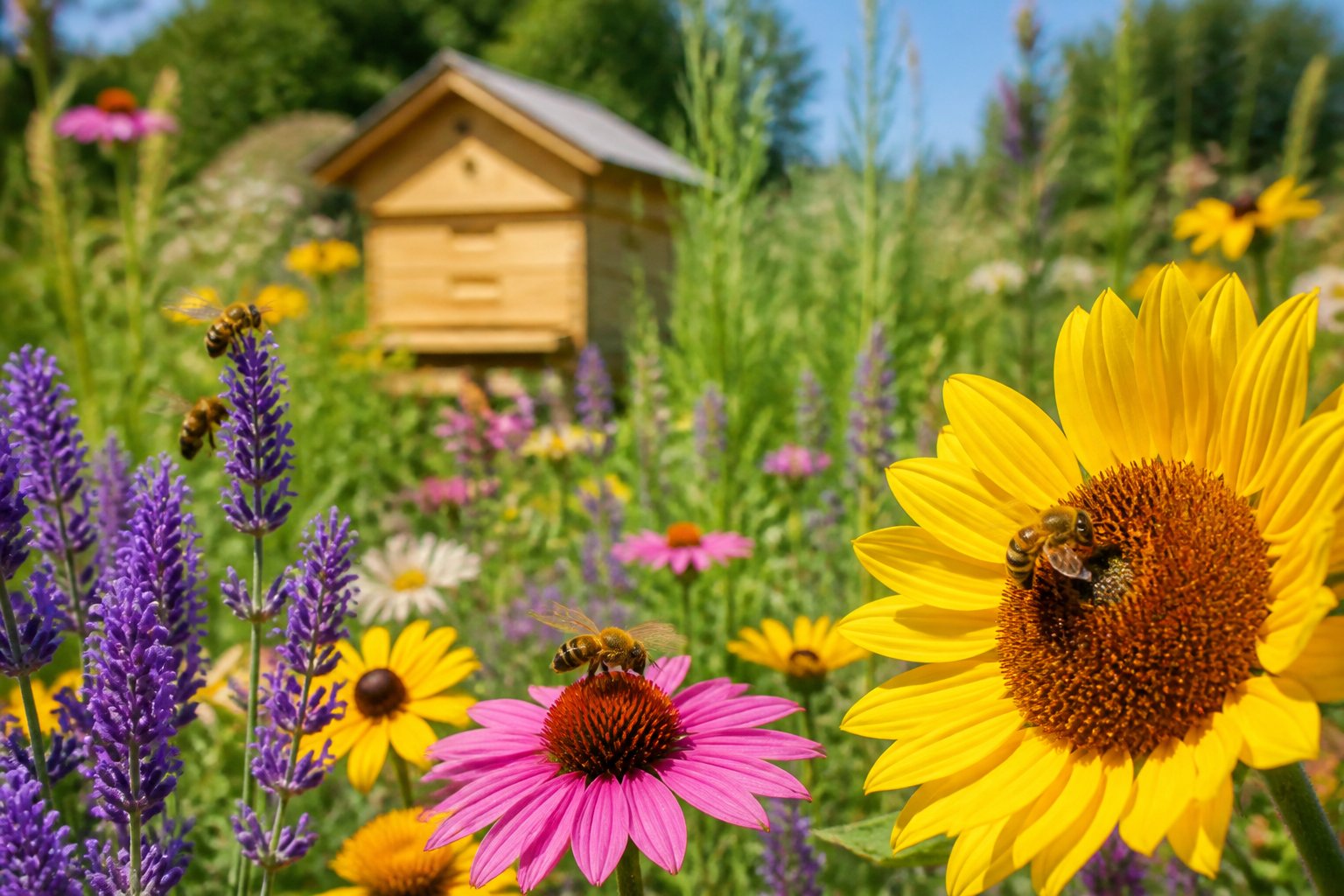 A garden with blooming flowers and bees pollinating them near a wooden beehive surrounded by greenery.
