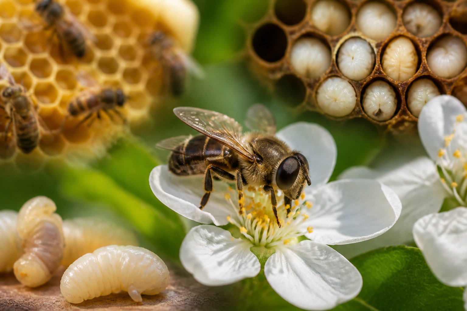 Close-up of a male bee on a flower with a beehive and bee larvae visible in the background.