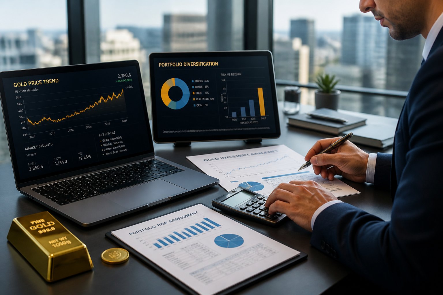 A business professional analyzing financial charts and gold investment data at a modern office desk with gold coins and digital devices.