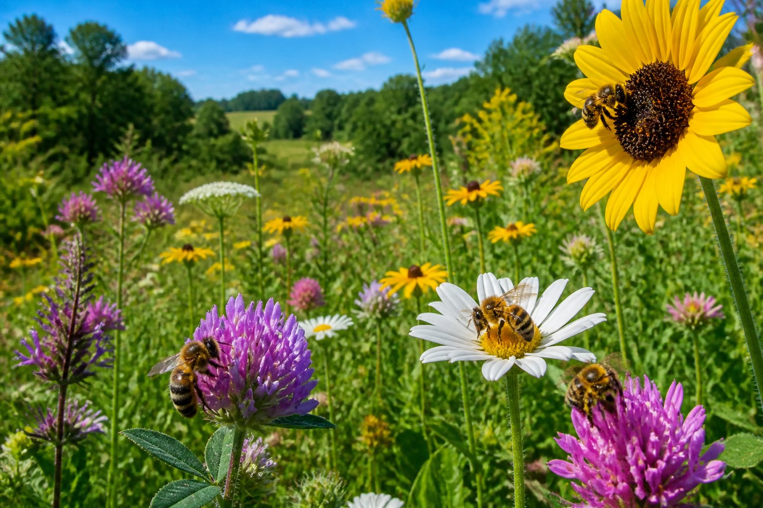 Bees pollinating wildflowers in a meadow with trees and blue sky in the background.