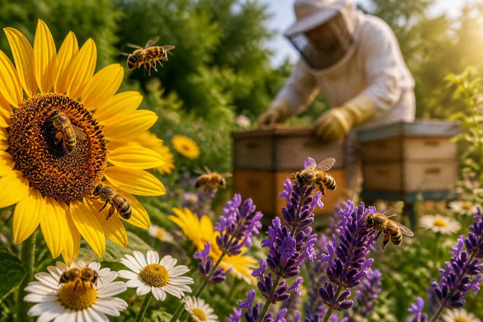 Bees collecting nectar from flowers in a garden with a beekeeper tending a beehive in the background.