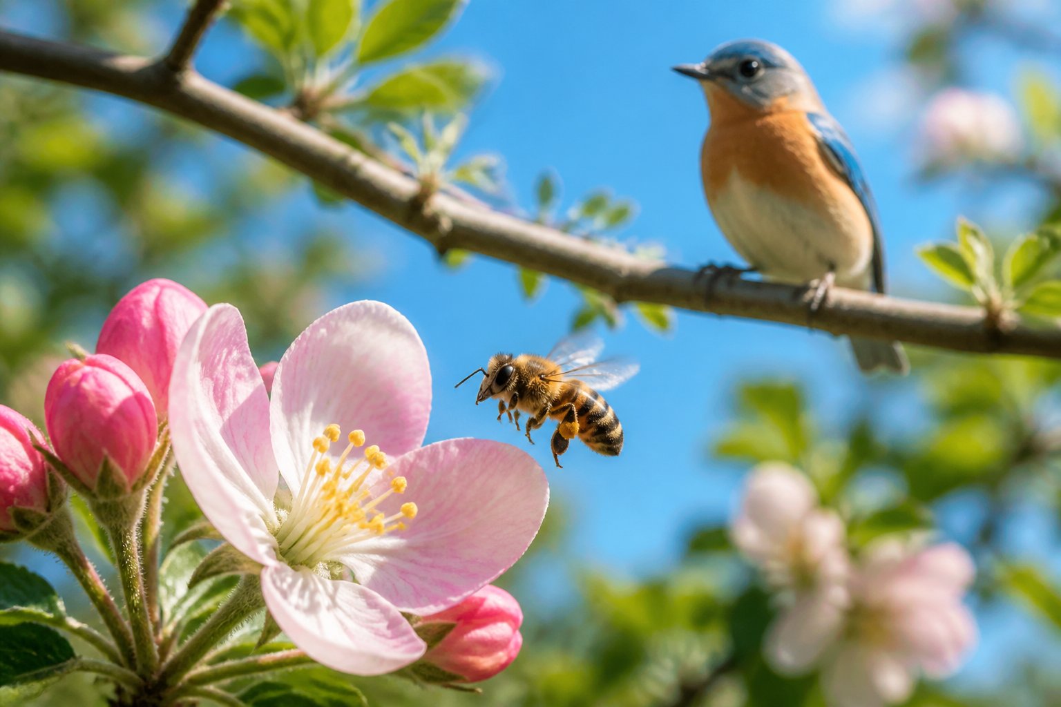 A bee hovering near a flower with a bird perched on a tree branch in the background.