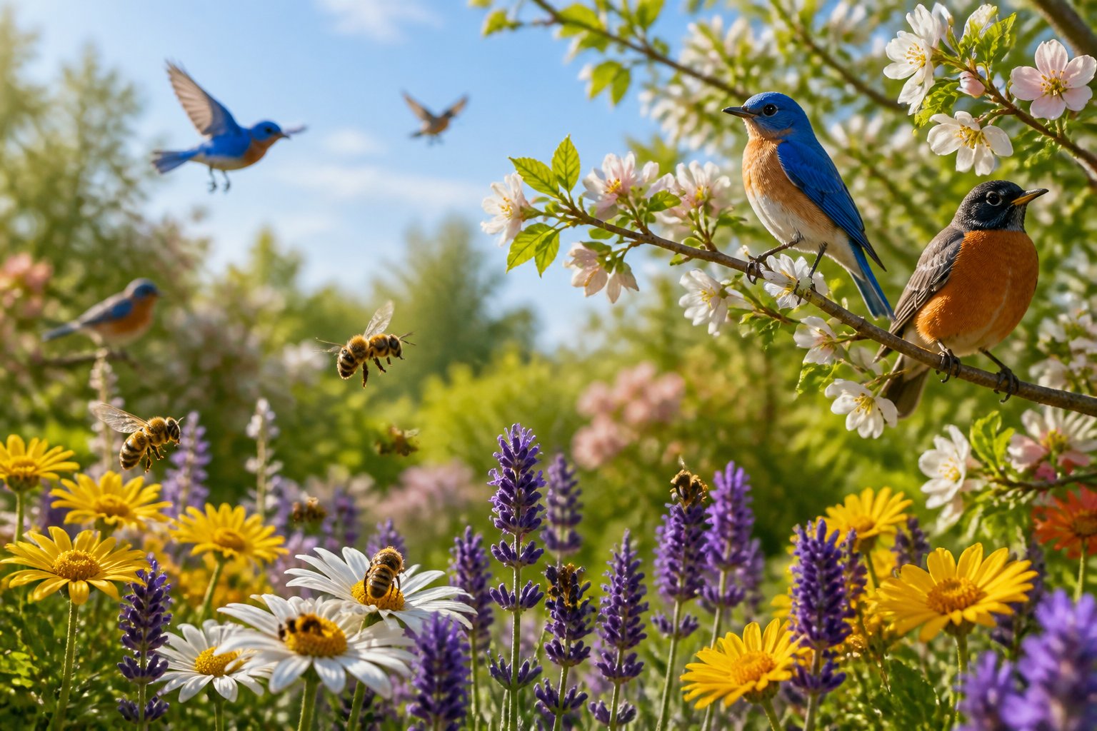 A garden scene with birds perched on branches and bees pollinating flowers under a clear sky.