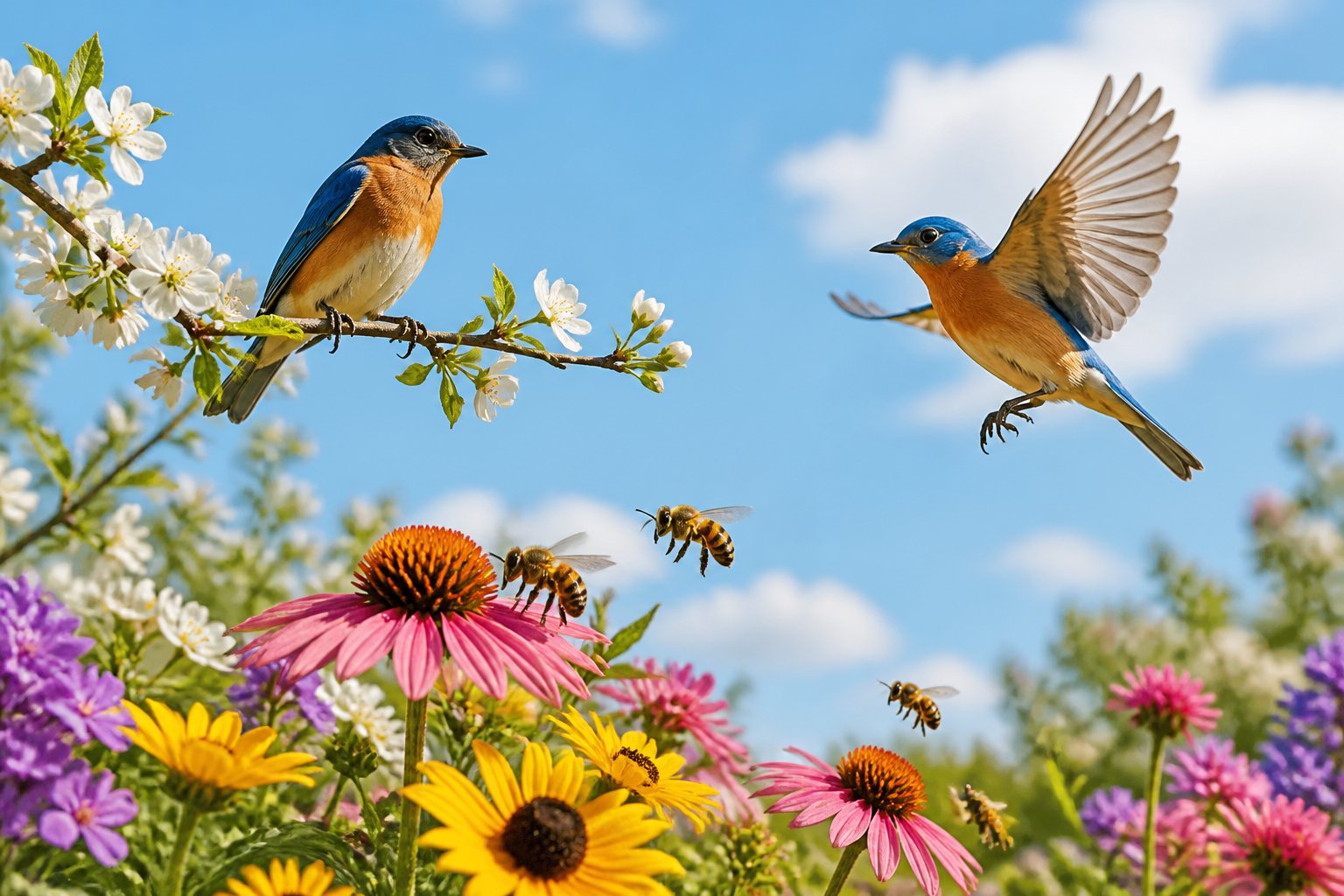A garden with colorful flowers, bees pollinating, and two birds near a tree branch under a blue sky.