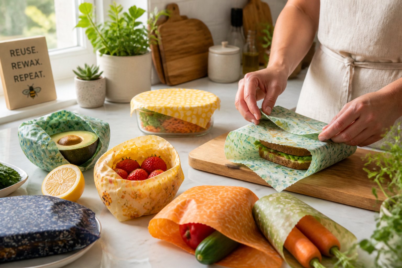 Hands wrapping a sandwich and covering fresh produce with beeswax wraps on a kitchen countertop.