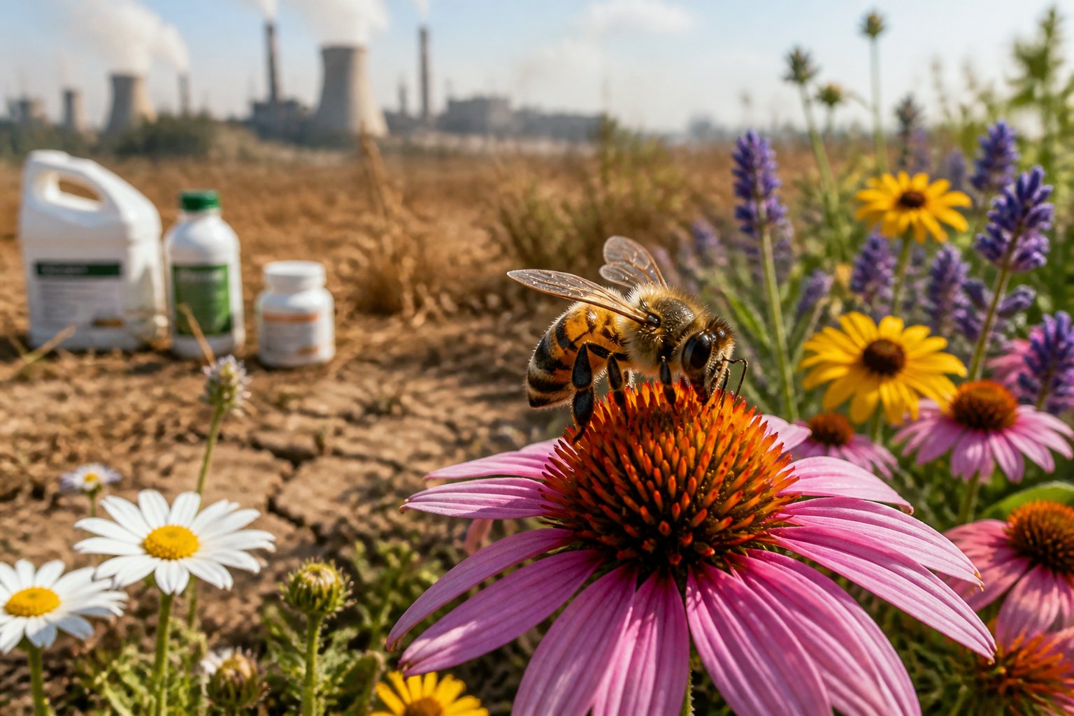 Close-up of a honeybee collecting nectar from a flower with flowers and environmental stress signs in the background.