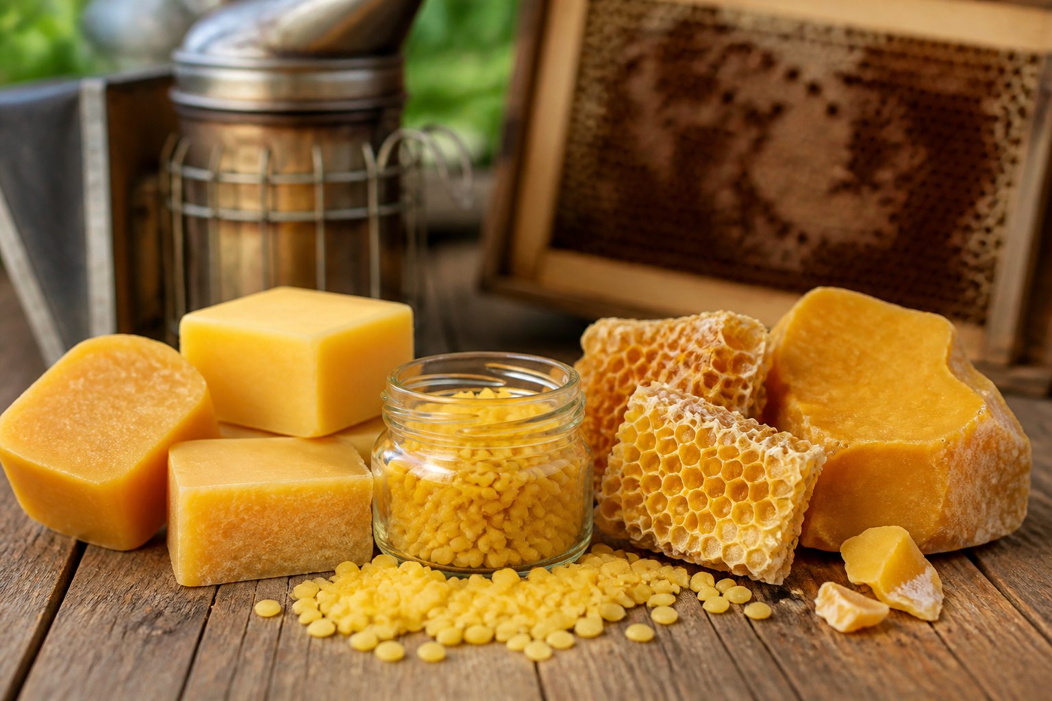 Close-up of solid beeswax blocks, honeycomb pieces, and beeswax pellets on a wooden table with blurred beekeeper tools in the background.