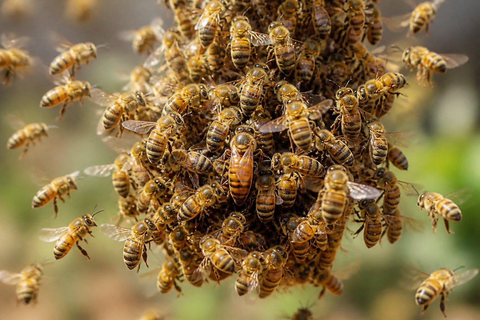 A large swarm of honeybees clustered together in mid-air around their queen bee with some bees flying nearby.