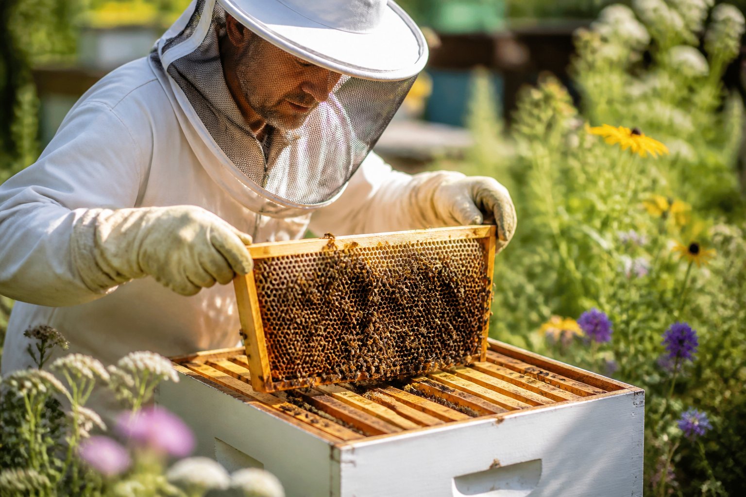 A beekeeper in protective gear inspecting a beehive surrounded by flowers and greenery.