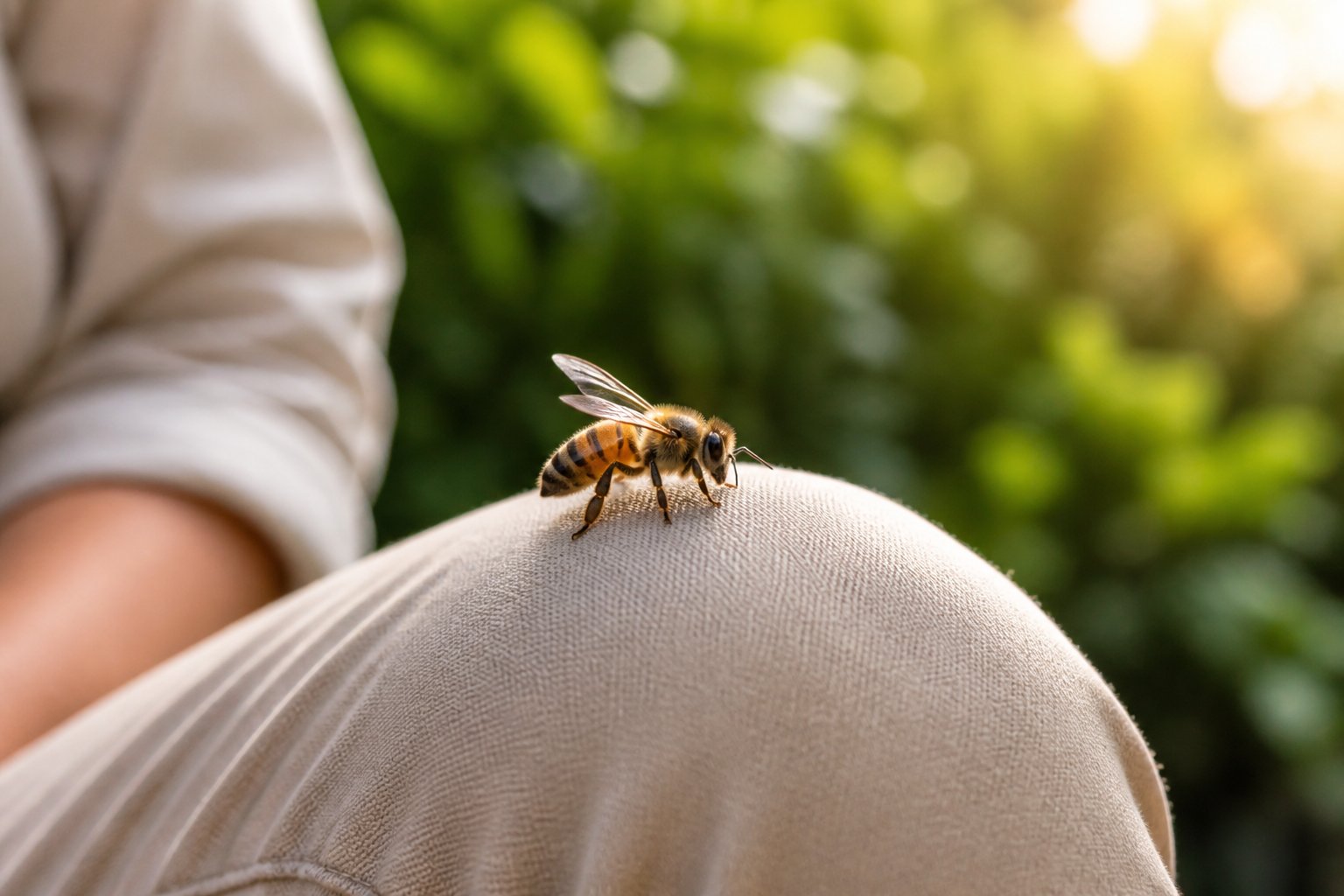 A close-up of a honeybee resting on a person's knee outdoors with greenery in the background.