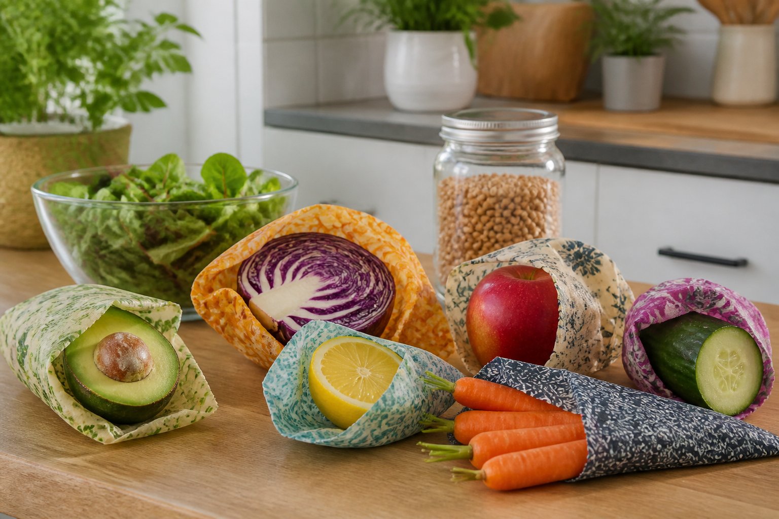 A kitchen countertop with fresh fruits and vegetables wrapped in colorful beeswax wraps next to a glass bowl of salad greens and a reusable jar.