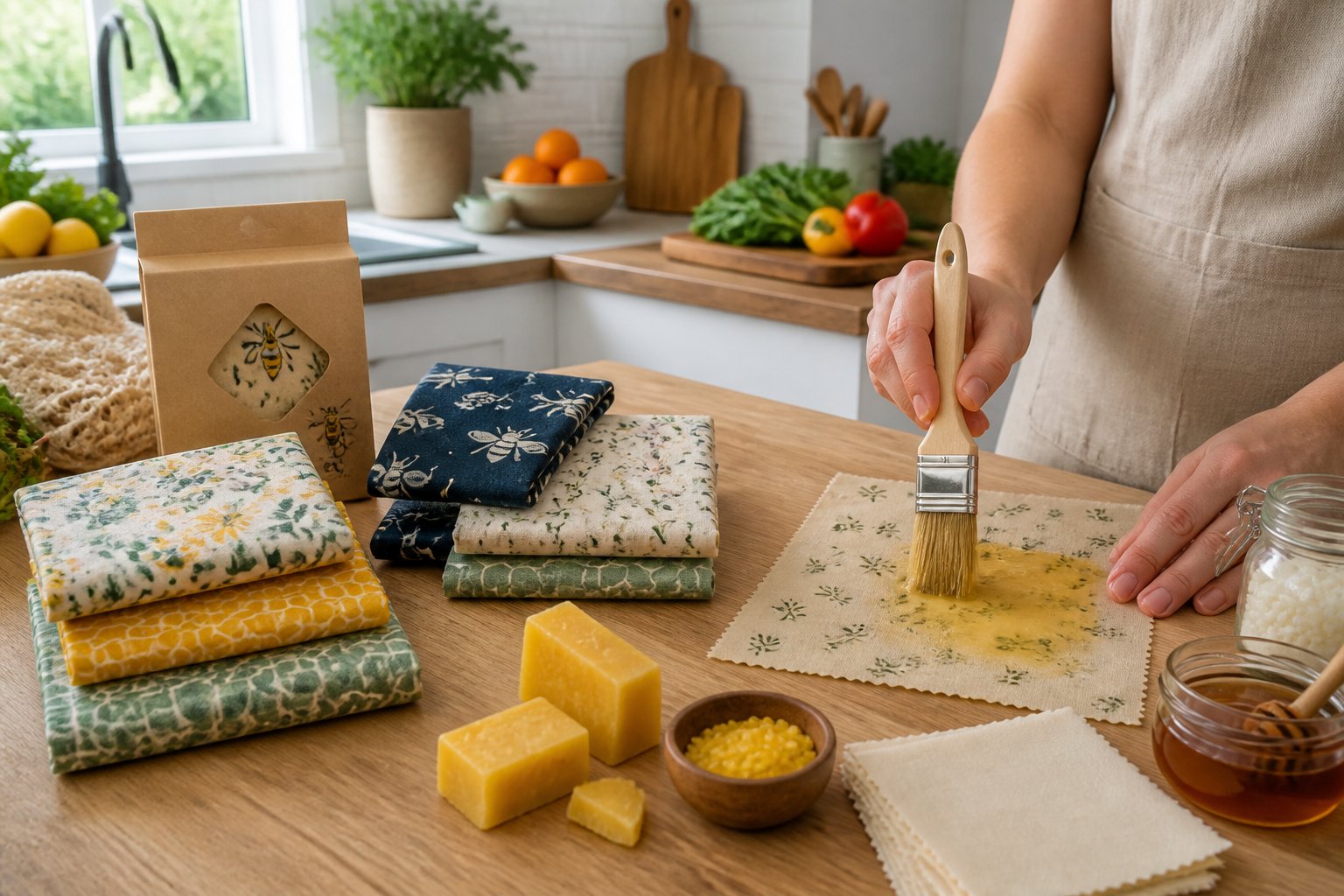 A kitchen scene showing store-bought beeswax wraps on one side and hands making homemade beeswax wraps with beeswax and fabric on the other side.