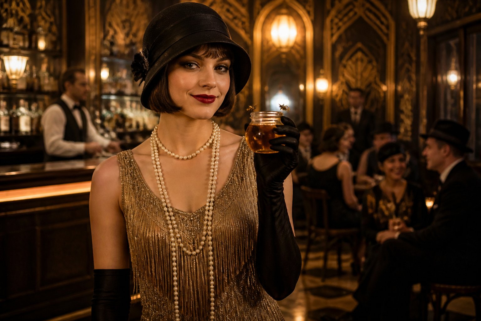 A young woman in 1920s flapper clothing holding a small jar of honey with a bee on it, standing in a vintage speakeasy setting.