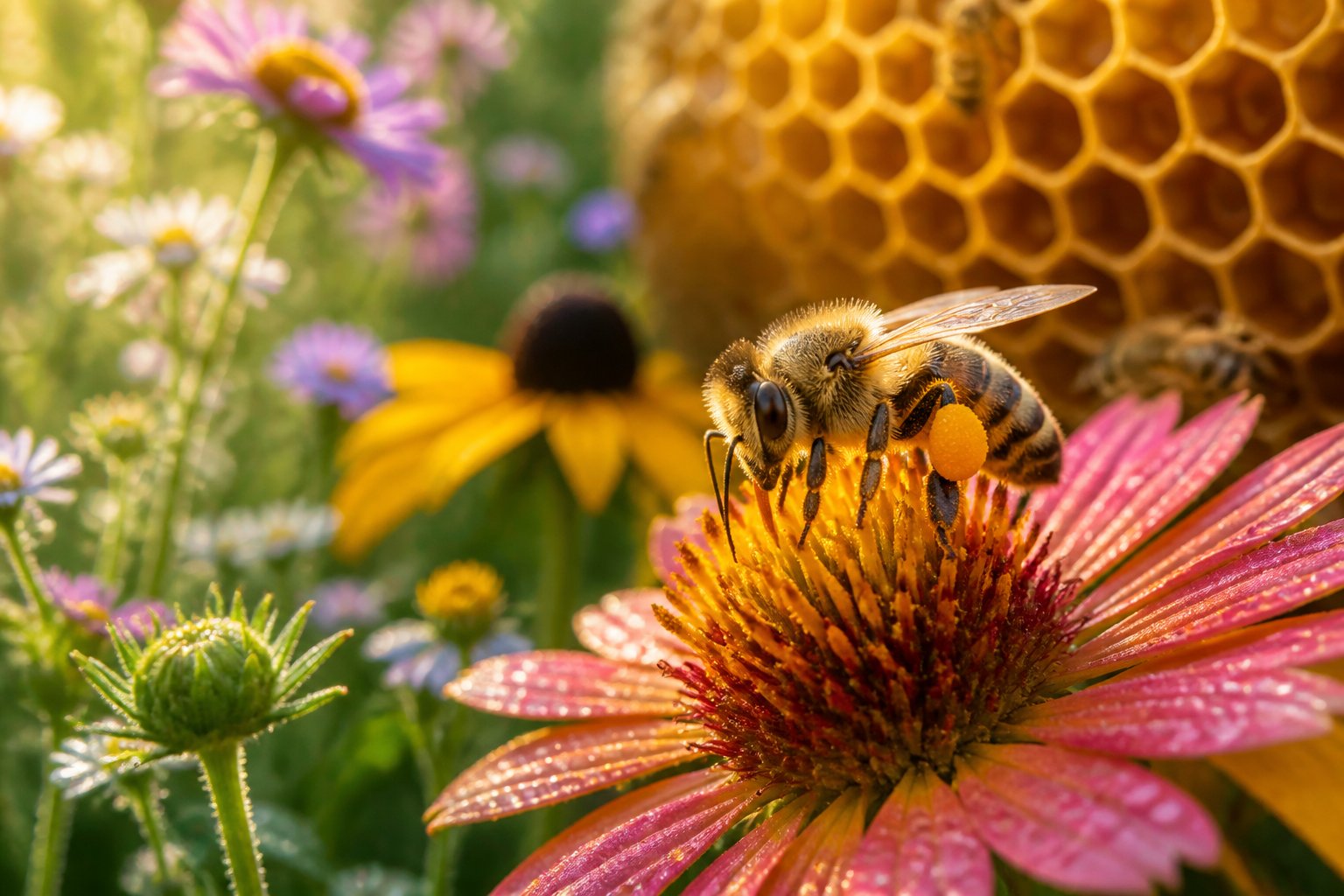 A honeybee collecting nectar from a flower with a honeycomb visible in the background.