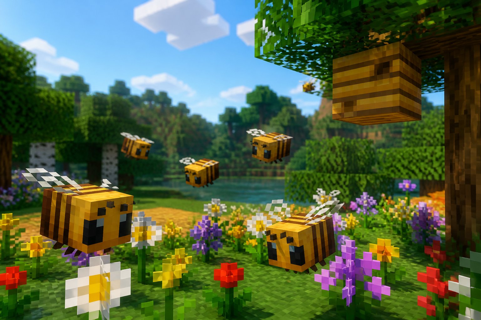 A pixelated Minecraft meadow with flowers and bees flying around a beehive hanging from a tree branch.