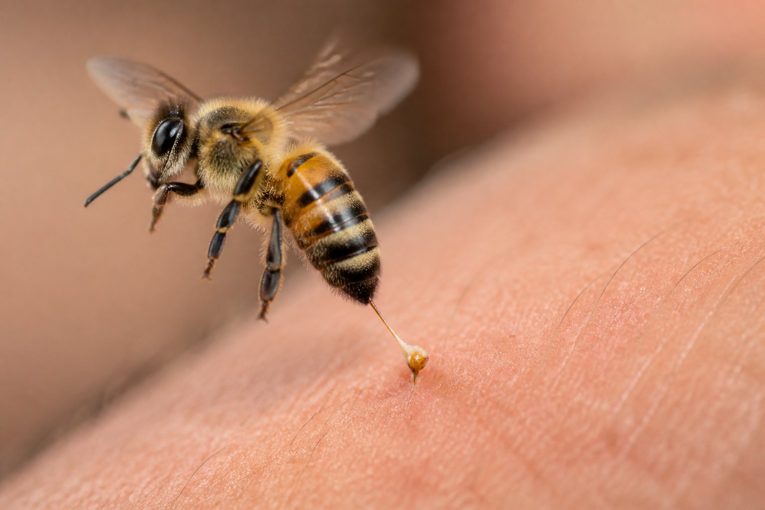 Close-up of a honey bee stinging human skin with its stinger embedded.