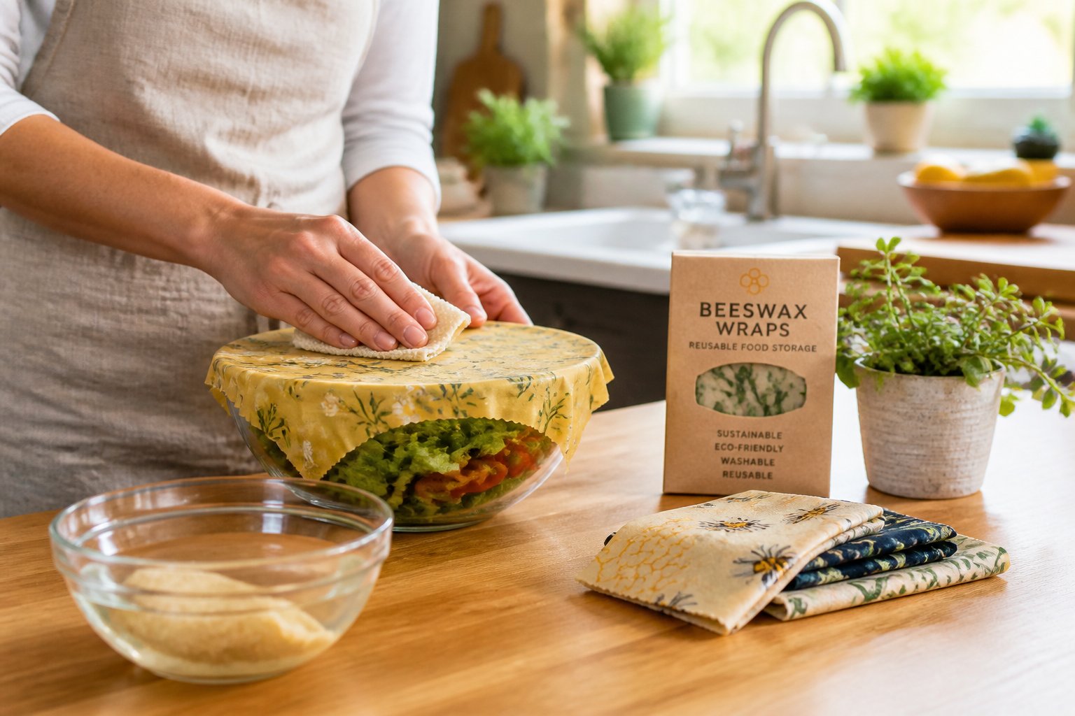 Hands cleaning a beeswax wrap covering a bowl of vegetables in a bright kitchen with beeswax wraps and cleaning materials nearby.