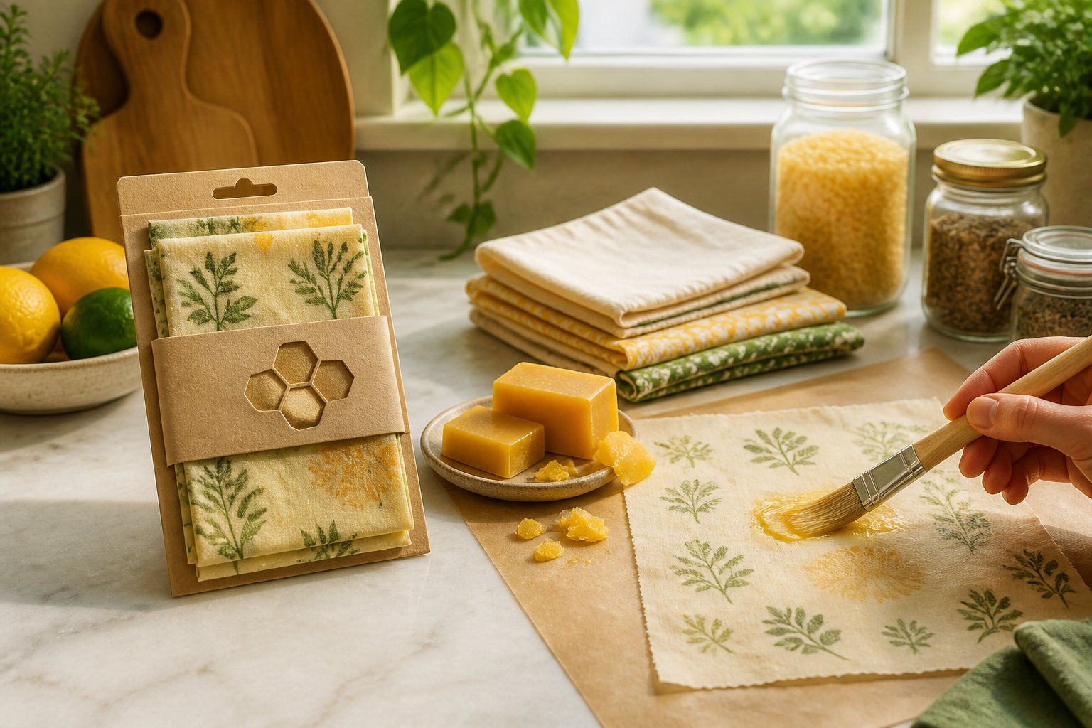 A kitchen countertop showing a packaged beeswax wrap next to homemade beeswax wraps being made with fabric and beeswax.