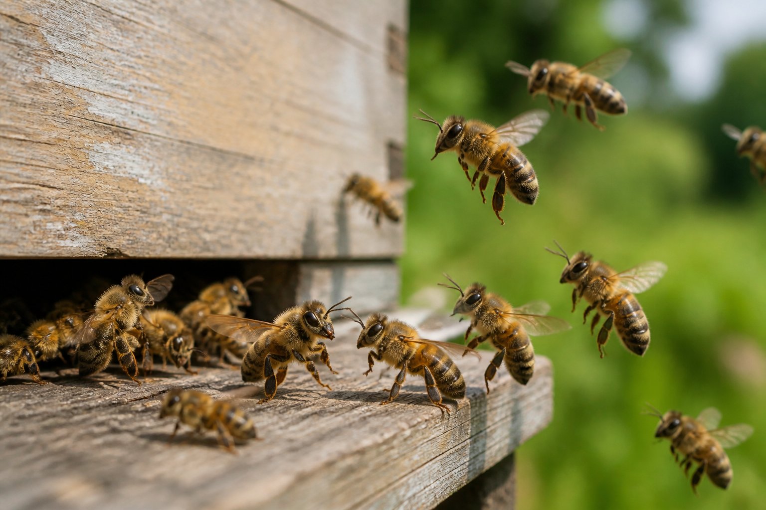 Close-up of honeybees aggressively interacting around the entrance of a beehive outdoors.