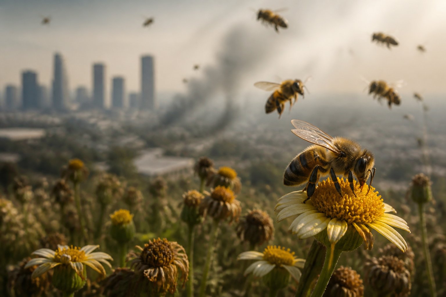 Close-up of a honeybee on a flower with other bees flying nearby and wilted flowers in the background.