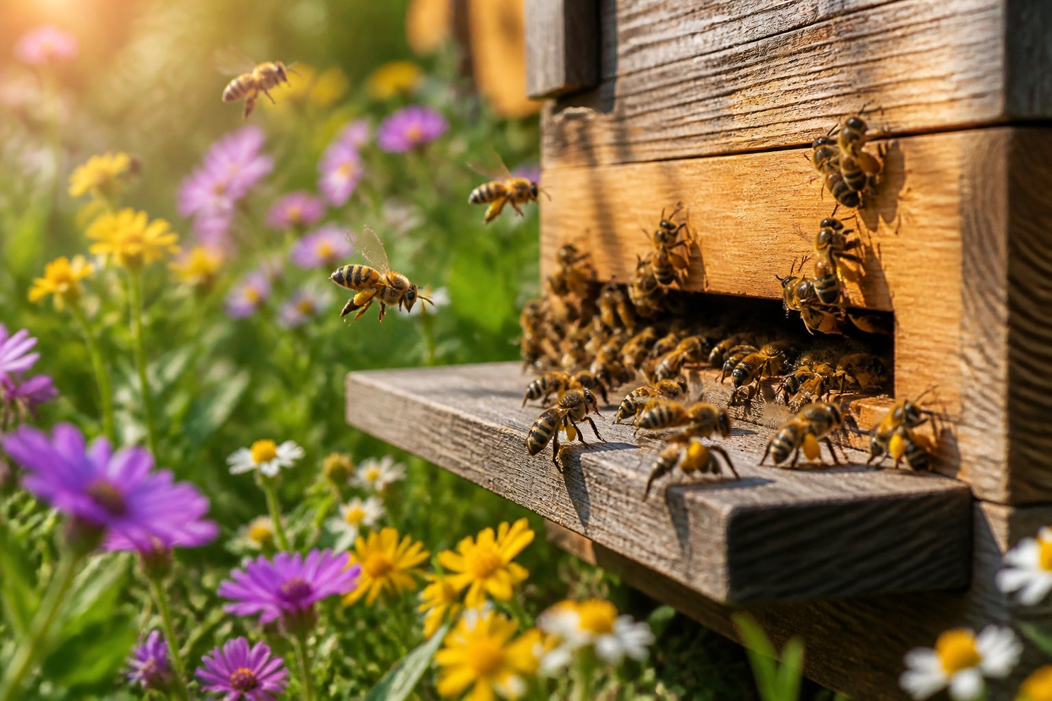 Close-up of honeybees entering and exiting a wooden hive surrounded by blooming flowers in a garden.