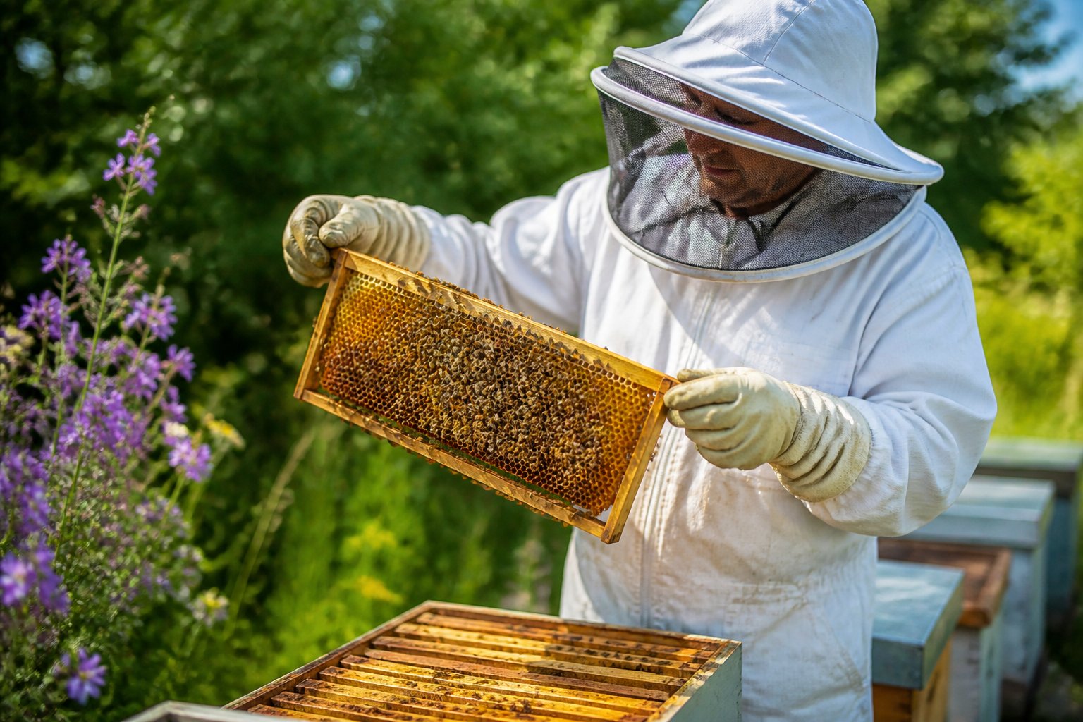 A beekeeper in protective gear inspecting a honeycomb frame filled with honey and bees outdoors among green plants and flowers.