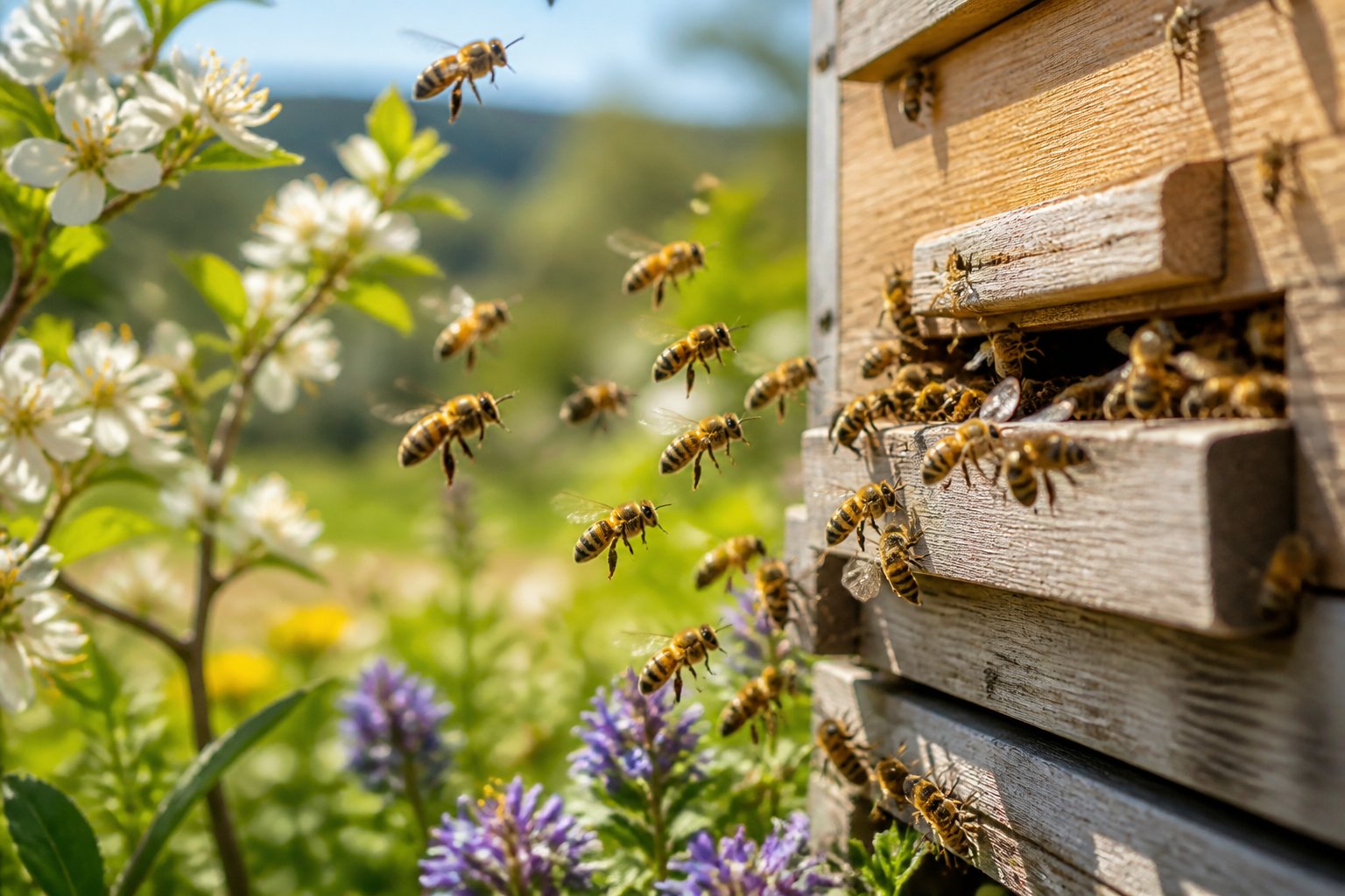 Honeybees flying in and out of a beehive entrance surrounded by blooming flowers and green leaves.