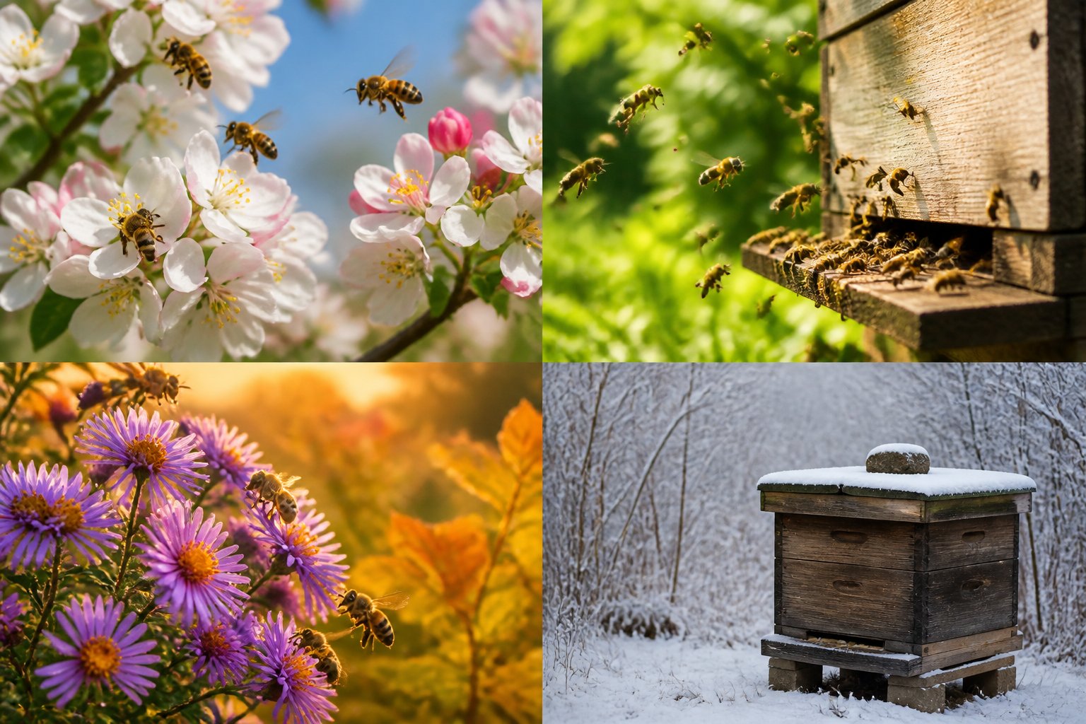 Four scenes showing bees active in spring, summer, and autumn, and a dormant beehive in winter.