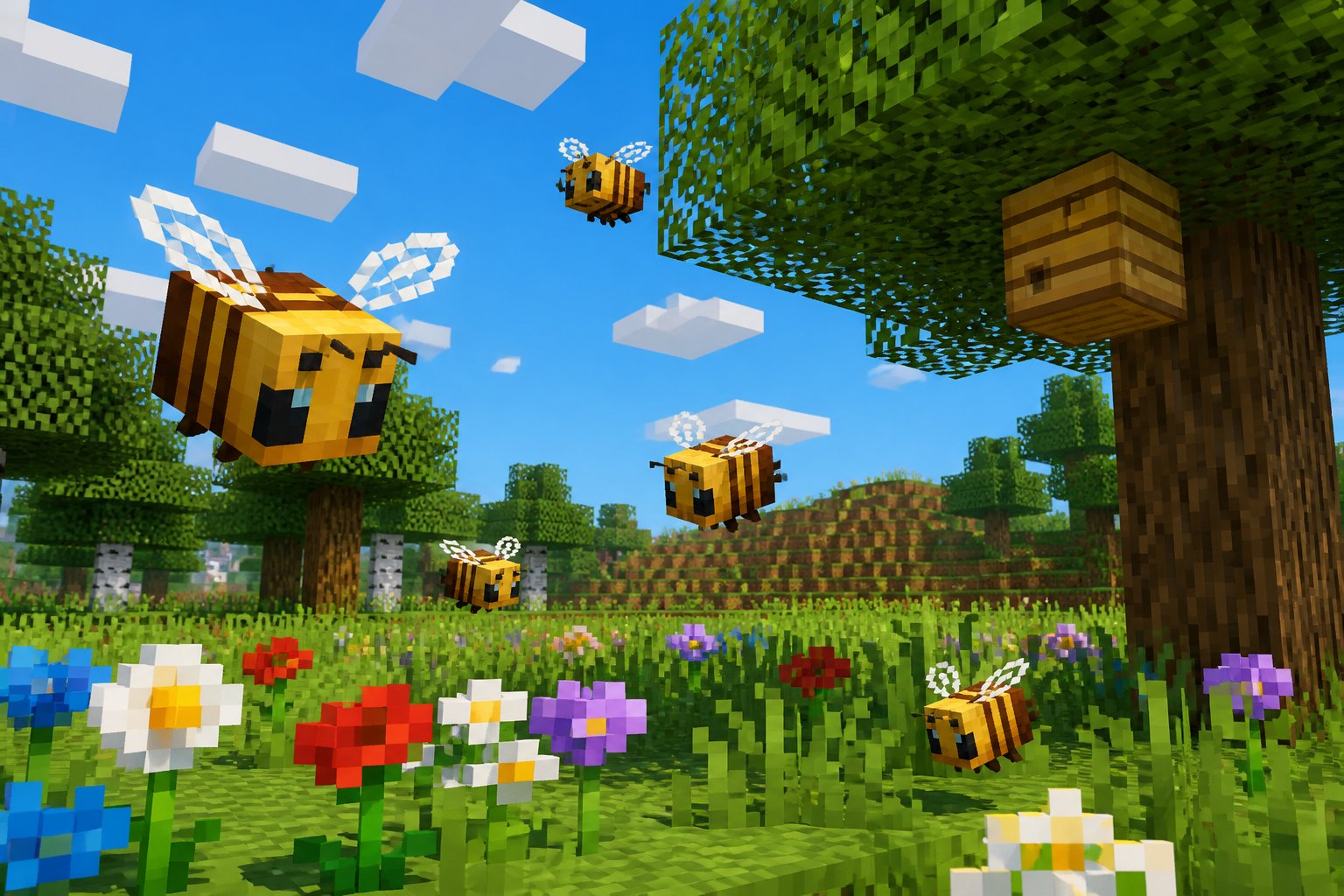 Pixelated bees flying around flowers and a wooden beehive in a Minecraft-style grassy landscape with trees and a blue sky.