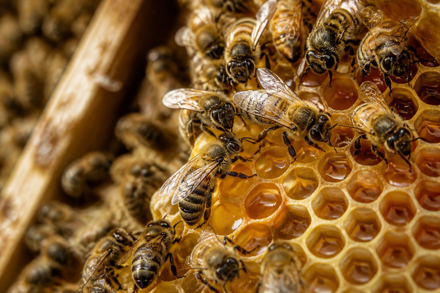 Close-up of bees working on a honeycomb inside a beehive, storing honey in hexagonal cells.