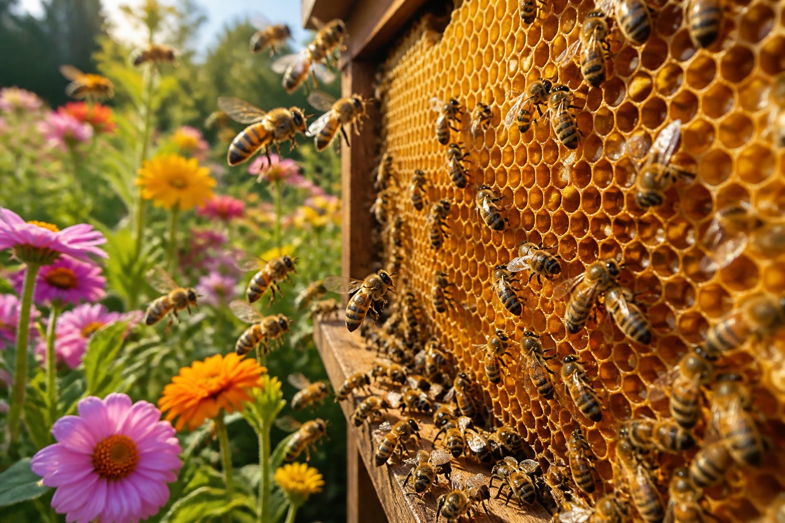 Close-up of honeybees working on a honeycomb inside a beehive surrounded by flowers.