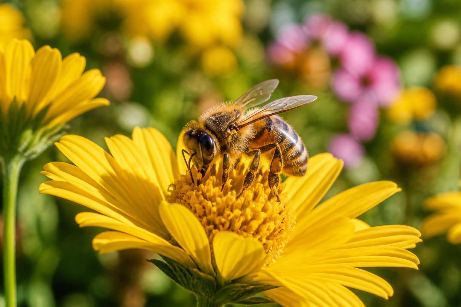 A close-up of a honeybee collecting nectar from a yellow flower with green foliage in the background.