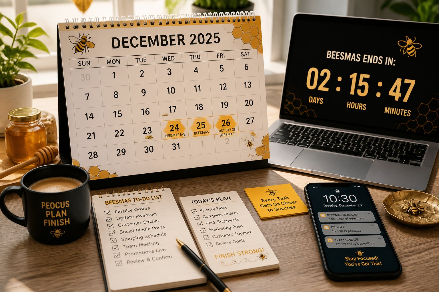 A calendar on a desk showing December 2025 with festive bee-themed decorations, surrounded by to-do lists, a laptop, coffee cup, and smartphone.