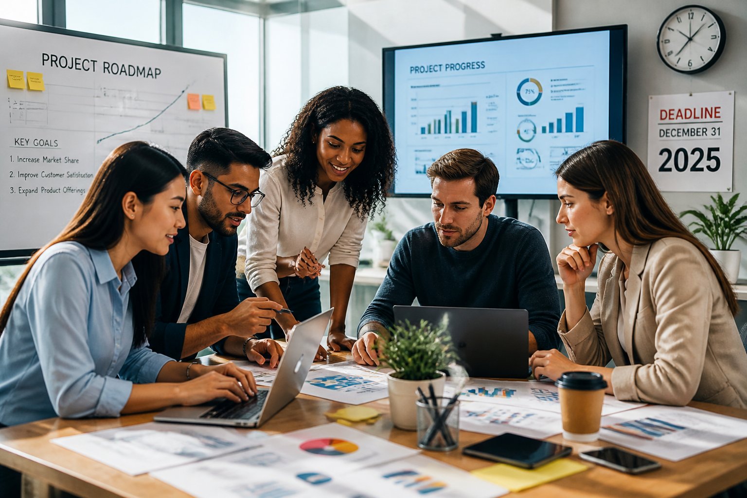 A group of people working together in an office, focused on completing a project with charts and devices around them.