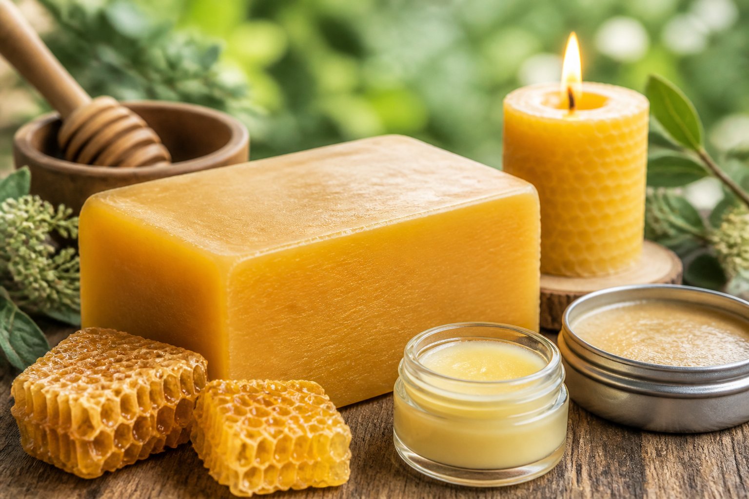 Close-up of beeswax block surrounded by beeswax candle, lip balm, wood polish, and honeycomb on a wooden surface with green background.