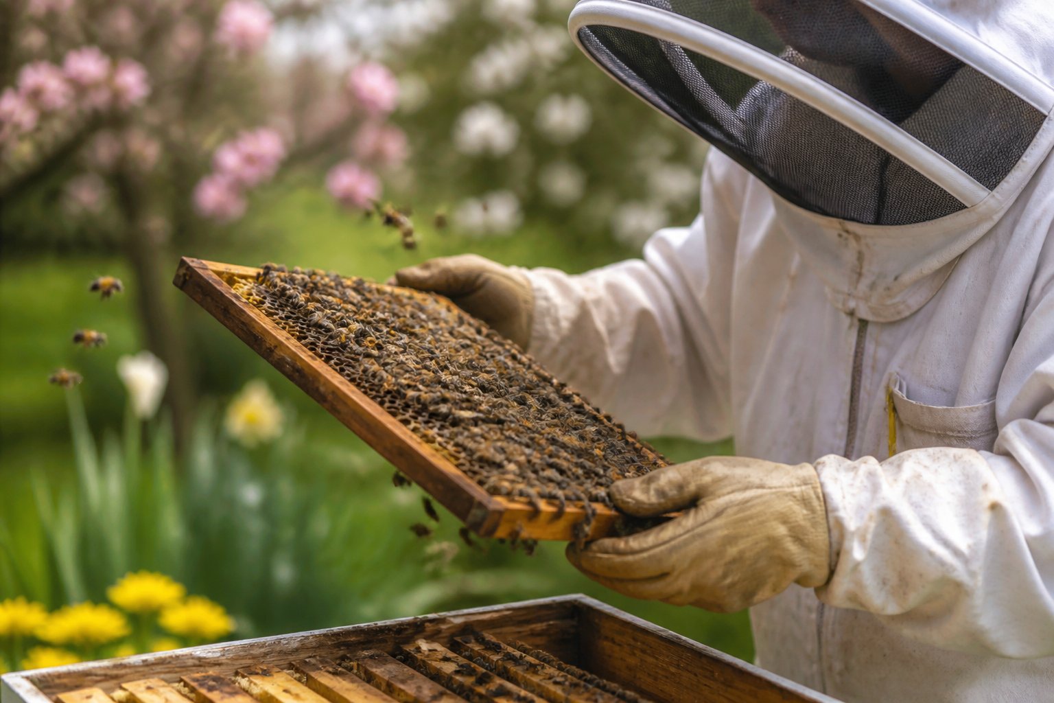 A beekeeper wearing protective gear inspecting a wooden beehive frame with honeybees actively flying around outdoors in a garden.