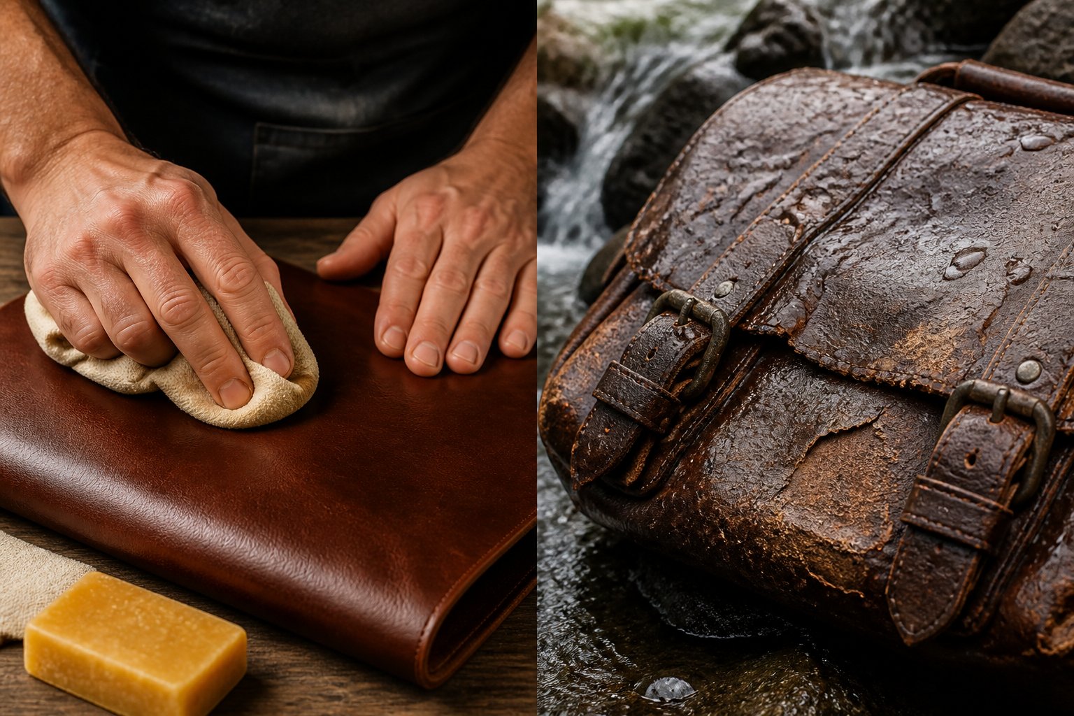 Close-up of hands applying beeswax to smooth leather on one side, and worn damaged leather exposed to rough conditions on the other side.