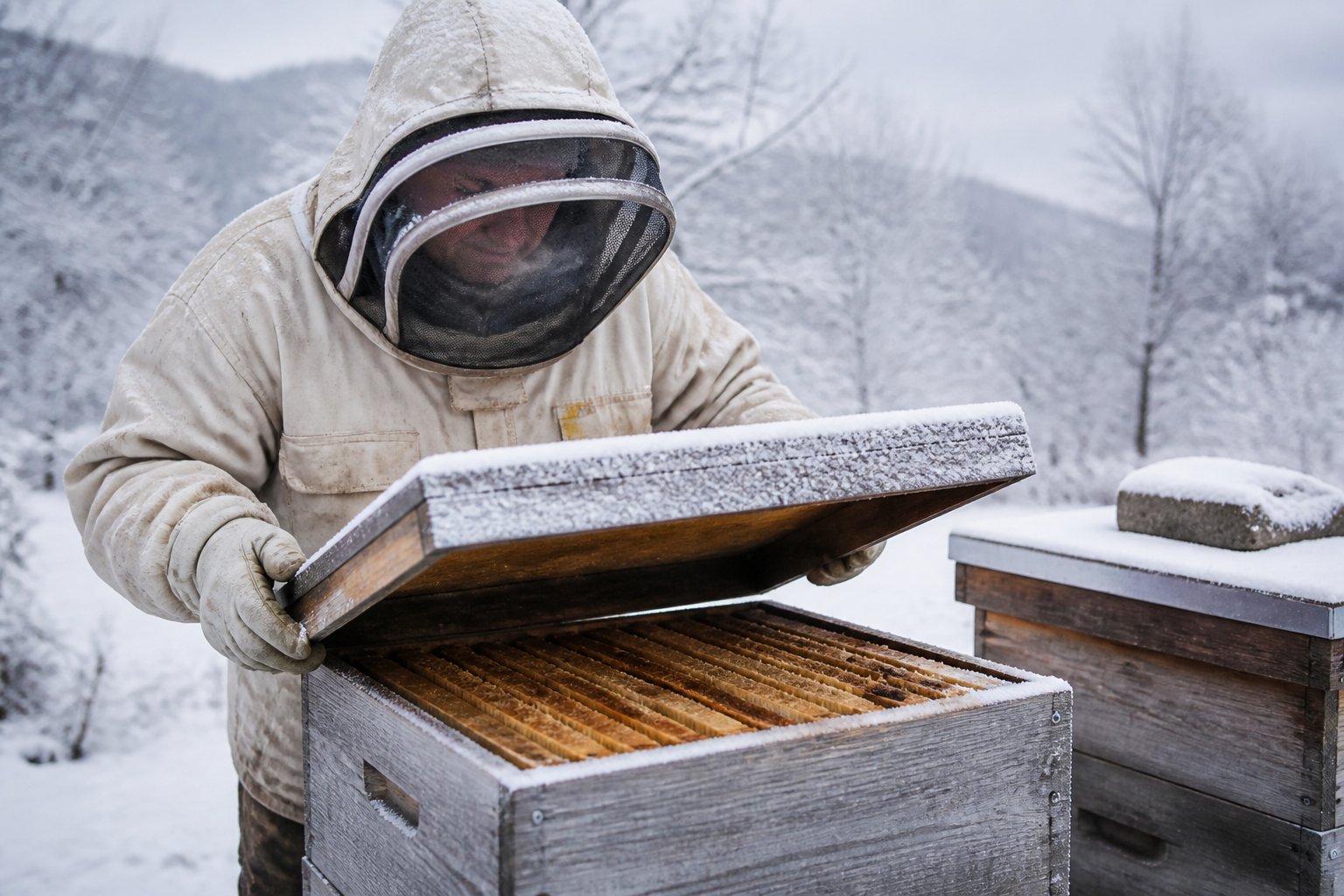 A beekeeper in warm winter clothing inspecting a wooden beehive outdoors in a snowy winter landscape.