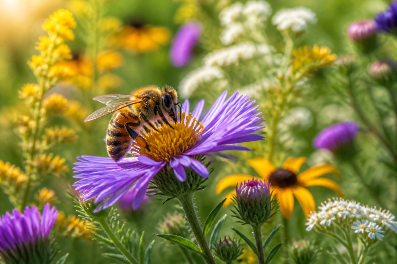A honeybee resting on a flower surrounded by green plants and colorful wildflowers.