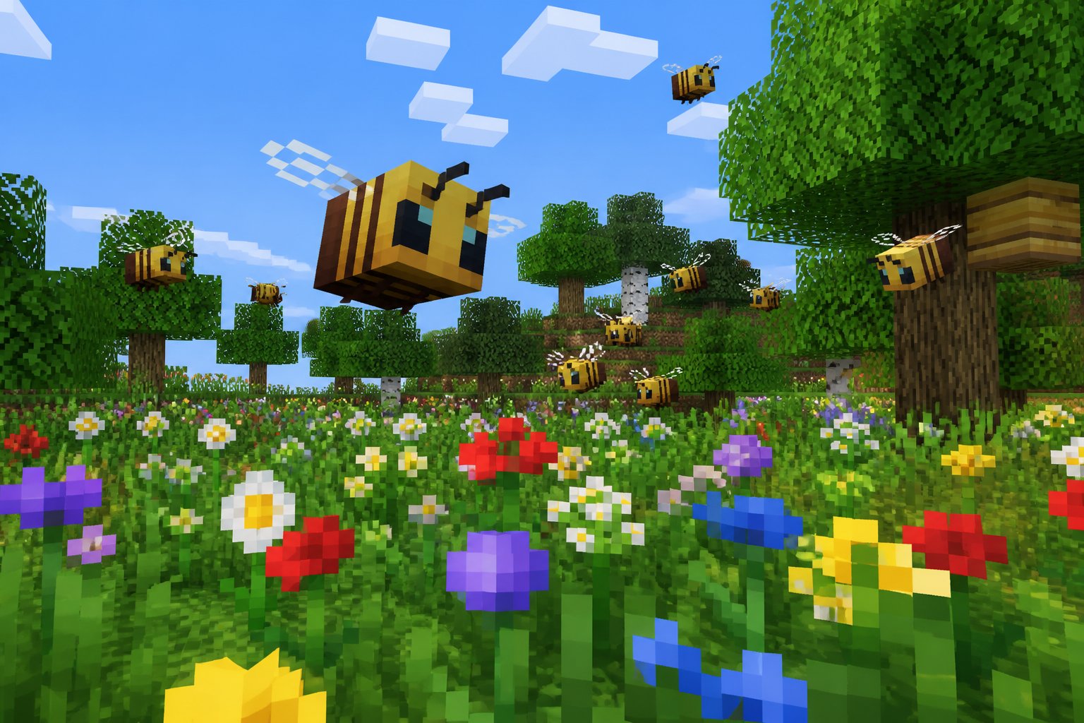 A Minecraft meadow with flowers and bees flying around under a clear sky.