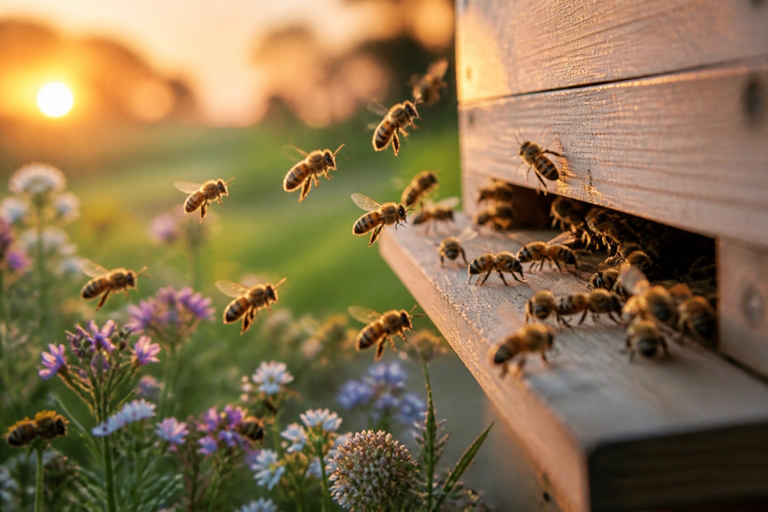 Honey bees flying out of a wooden hive entrance surrounded by flowers and greenery at sunrise.