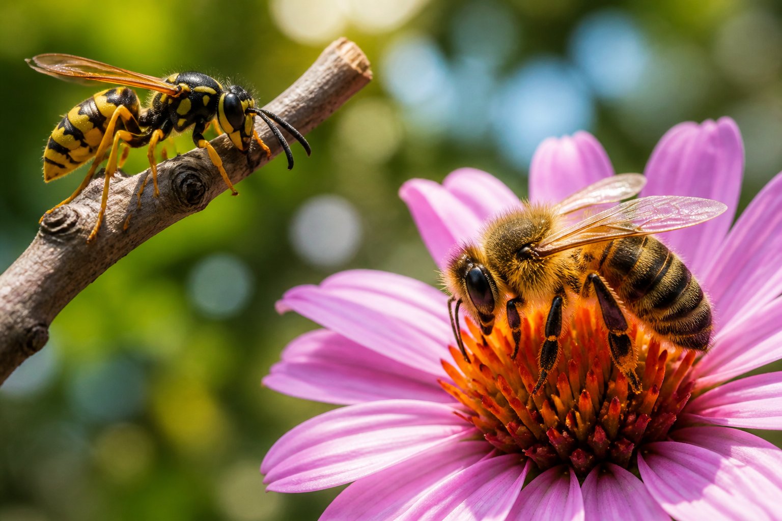 A close-up of a bee on a flower with a wasp nearby on a branch in a natural outdoor setting.