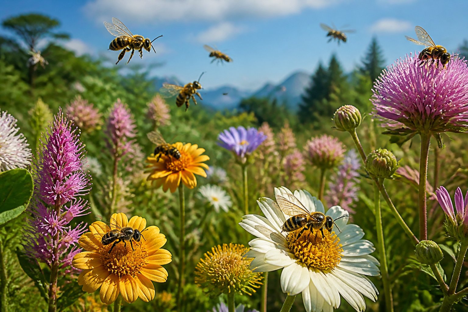 Several bees flying and pollinating colorful flowers in a natural meadow setting.